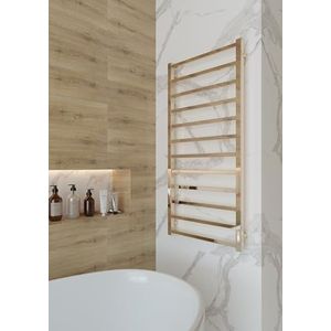 Elna Handdoekradiator, goud, 205 W, 100 x 530 mm, ultracompacte elektrische radiator, mat roestvrij staal, met timer, thermostaat en eco, IP44, wandmontage, premium design voor badkamer en spa