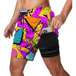 Geometrische 80s Memphis Kleurrijke Pop Heren Zwembroek Sneldrogende 2 in 1 Strand Sport Shorts met Compressie Liner En Pocket