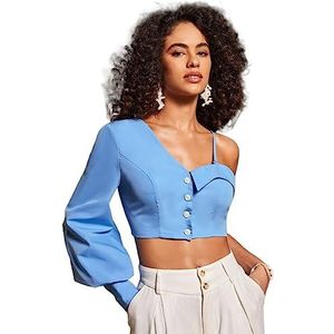 dames topjes Crop blouse met asymmetrische hals en lantaarnmouwen (Color : Blue, Size : XL)