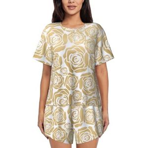 JIAWUJYNB Veel gouden bloemenprint dames pyjama met korte mouwen - comfortabele korte sets, mouwen nachtkleding met zakken, Zwart, S