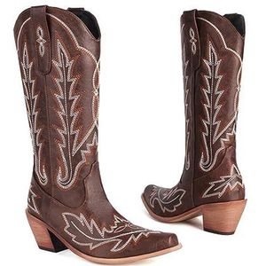 OTMYIGO Vrouwen Geborduurde Cowboy Laarzen, Mid Kalf Laarzen Brede Kuit Chunky Heel Retro Westerse Boot Puntschoen Pull-On Klassieke brede fitLong laarzen, Bruin, 43 EU