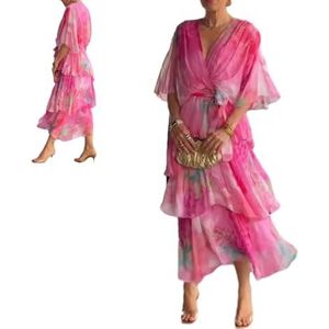CupitiDU Elegante chiffon jurk - moeiteloze gratie voor elke gelegenheid, zomerse V-hals korte mouwen vloeiende midi-formele jurken, roze, 3XL