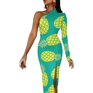Tropical Pineapple Damesjurk, halve mouwen, avondfeest, lange jurk, cocktailjurk, split, bodycon jurk, XS