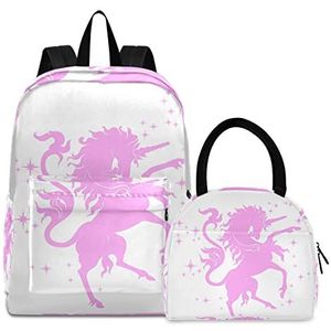 Roze eenhoorn paard wit boekentas lunchpakket set schouderrugzak boekentas kinderrugzak geïsoleerde lunchbox-tas voor meisjes jongens, Patroon., Medium
