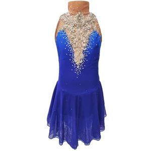 Nnnydjy Meisjesjurk Met Hoge Kraag Voor Kunstschaatsen Rugloze Ballet En Gymnastiekbody Mouwloos Kunstschaatspak Voor Dames Handgemaakte Applicaties,Blauw,11_13Years