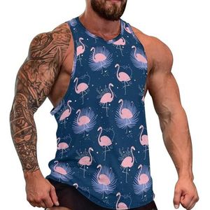 Roze flamingo's met palmbladeren heren tanktop grafische mouwloze bodybuilding T-shirts casual strand T-shirt grappige sportschool spier