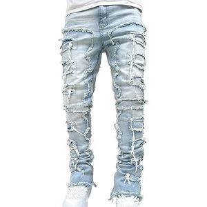 Heren Gestapelde Jeans Skinny Fit Gestapelde Pijpen Denim Stretch Jeans Slim Fit Ripped Distressed Jeans (Color : C, Size : L)