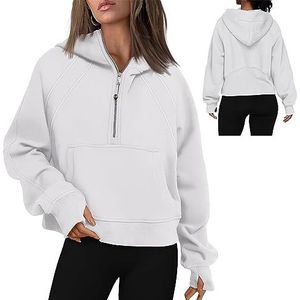 Vrouwen Cropped Hoodies Kwart Half Zip Cropped Hoodies Sweatshirts Zip Up Pullover Sweaters Duim Gat Workout Hoodie Zip Up (Color : White, Size : XL)