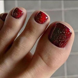 24 stuks nep teennagels - glanzende teennagels met Franse tip - volledig dekkende teennagels - nep teennagels plakken met geleilijm for vrouwen en meisjes(Red)