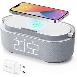 Colsur Digitale wekkerradio met draadloze oplader, bluetooth-luidspreker met USB-oplader, slimme wekker, sluimerfunctie, inductief laadstation, nachtlampje, dimbaar led-display, back-upvoeding op