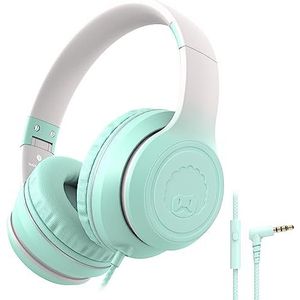 RockPapa L22 Kinderhoofdtelefoon, kabelhoofdtelefoon voor kinderen, 3,5 mm jack, opvouwbare, verstelbare met microfoon, over-ear hoofdtelefoon voor school, reizen, jongens, meisjes, Blauwgroen