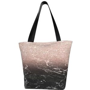 Schoudertas, grote canvas tas, casual tas voor vrouwen, herbruikbare boodschappentassen, modern roségoud marmer zwart glitter roze, Als afbeelding, Eén maat