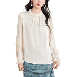 ROUZIHU Modieuze Stand Kraag Chiffon Top Vrouwen Lange Mouw Dieptepunt Shirt Frans Los Shirt, Beige, XXL