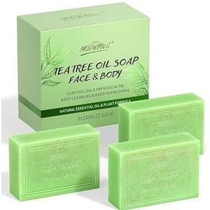 Tea Tree Oliezeep, Natuurlijke Badzeep Tegen Huidschimmel, met Pepermunt- en Kokosolie, Verfrissend, Verwijdert Zweet en Geur, Bodywash Tegen Jeuk, Acne, Voetschimmel en Folliculitis, 3x100g