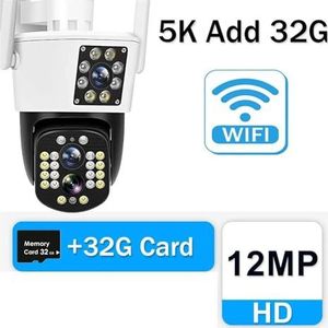 Bewakingscamera, 5K 12MP IP-camera Buiten Beveiliging met drie lenzen WiFi-bewakingscamera's 10X zoom Bewegingsdetectie CCTV 360 ° PTZ-cam(5K Whith Add 32GB)