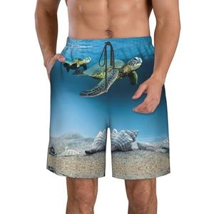 Geel Bloesem en Oranje Fruit Print Heren Zwemplank Shorts Zwembroek Trunks Badmode Sneldrogende Surfen Strand Essentiële Zomer, Sea Conch Shell Zeesterren Schildpad, S