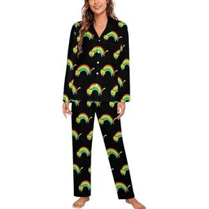 Regenboog Kat Vrouwen Lange Mouw Button Down Nachtkleding Zachte Nachtkleding Lounge Pyjama Set M