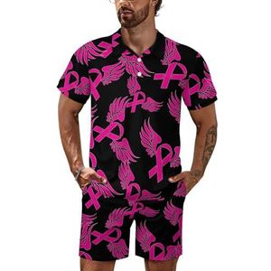Borstkanker roze lint heren poloshirt set korte mouwen trainingspak set casual strand shirts shorts outfit 3XL