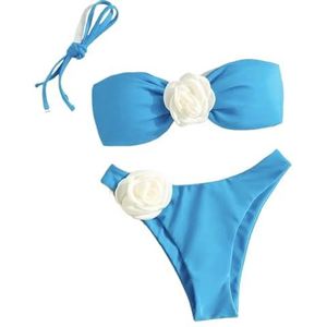XPJYUA Bikini voor dames, bikiniset, sexy badpakken met bloemen, tanga, bikini, veters, badpak voor dames, Blauw, L