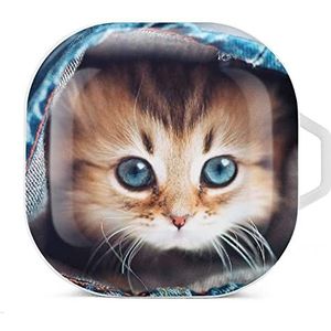 Leuke kat in jeans oordopjes hoesje compatibel met Samsung hard shell beschermhoes witte stijl