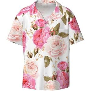 TyEdee Bloemen Bloem Rose Roze Print Heren Korte Mouw Jurk Shirts met Zak Casual Button Down Shirts Business Shirt, Zwart, L