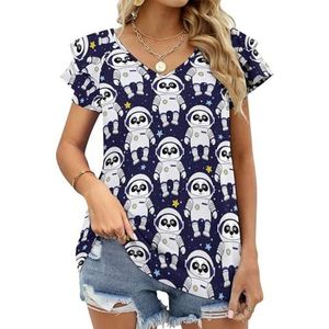 Panda Astronaut in Space Graphic Blouse Top Voor Vrouwen V-hals Tuniek Top Korte Mouw Volant T-shirt Grappig