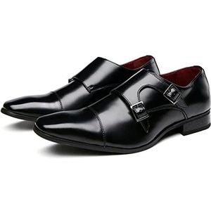 Oxford schoenen voor heren Slip-on dubbele monniksriem Cap-teen Vierkante neus Lederen antislip rubberen zool Antislip lage bovenkant Werken (Color : Black, Size : 44 EU)