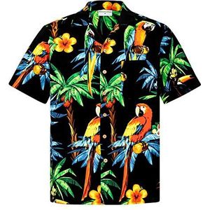 Hawaiihemdshop Hawaiiaans Overhemd | Heren Hemd | Katoen | Grootte S �– 8XL | Zwart | Korte mouw | Papegaaien | Palmbomen | Hawaii Shirt | Kokos knopen
