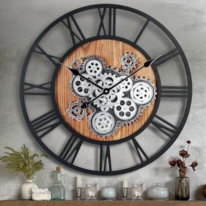 Lafocuse Houten Grote Industriele Zwarte Wandklok met Draaiende Tandwielen Rond 57 cm Romeinse Cijfers Decor Muurklok voor Woonkamer Slaapkamer Bar