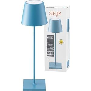 SIGOR Nuindie - Dimbare LED Batterij Tafellamp Indoor & Outdoor, IP54 Spatwaterdicht, Hoogte 38 cm, Oplaadbaar met Easy Connect, 12 uur Brandduur, Dolfijn Blauw