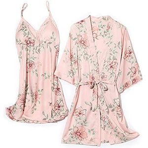 ROUZIHU Sleepwear Wedding Robe Set Lady Sexy Kimono Bath Gown Sexy Zomer Nieuwe Bathrock Nightgown Pak Loose Intimate Lingerie(Roze,L)