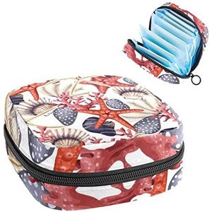 Maandverband Opbergtas, Menstruatie Cup Pouch Tampon Bag, Periode Pads Houder Organizer voor Vrouwen Meisjes, Rode Zeesterren Schelpen en Koraal
