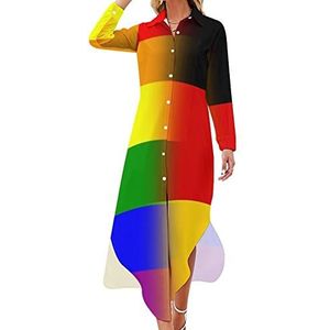 LGBT Pride Duitsland vlag dames maxi-jurk lange mouwen knopen overhemd jurk casual feest lange jurken M