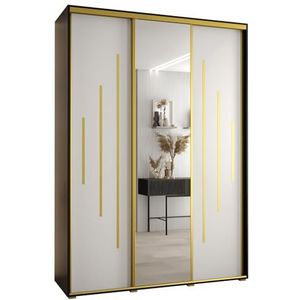 MEBLE KRYSPOL Davos 13 180 Kledingkast met drie schuifdeuren voor slaapkamer - Moderne Kledingkast met spiegel, kledingroede en planken - 235,2x180x45 cm - Zwart Wit Goud