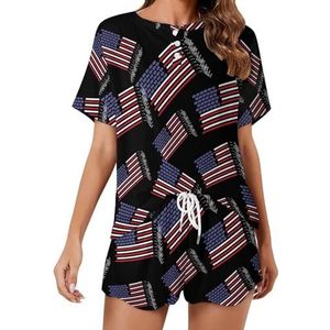 Amerikaanse vlag gemaakt met hockeysticks zachte damespyjama met korte mouwen loungewear met zakken cadeau voor thuis strand 4XL