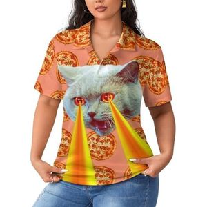 Pizza verslaafde kat met lasers van ogen dames poloshirts met korte mouwen casual T-shirts met kraag golfshirts sport blouses tops 2XL