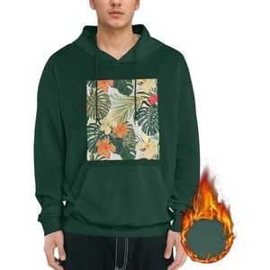 Vegetatie Bladeren Met Hibiscus Bloemen Print Mannen Casual Wear Fleece Hoodie Warm Herfst En Winter Sweatshirt Met Capuchon Thermische Hoodie Met Zakken, Donkergroen, XL