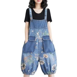 QOUERUUE Jean Korte Overalls voor Vrouwen Verstelbare Bandjes Afdrukken Casual Baggy Denim Overalls Wijde Pijpen Rompertjes,Light blue,L