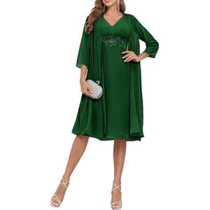 2 Stuks Moeder van de Bruid Jurk voor Bruiloft 3/4 Mouwen Chiffon Avond Prom Jassen met Jas, Emerald Groen, 32