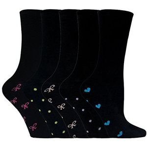Sock Snob - 5 paar Mulitpack dames/dames zwarte katoenen sokken met hart en roze strikken kleur motief maat 4-7, Zwart, 37-42 EU