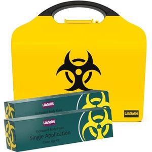 Labsales Wandmonteerbare Biohazard Spill Clean-up kit, Body Fluid Emergency Kit voor braaksel, bloed, zieke urine en slijm, heldere opvallende hoes gemaakt van 100% gerecycled kunststof, koffer van 2