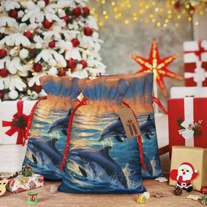 RLDOBOFE dolfijnen in de zee print kerstcadeauzakje kerst trekkoord tas herbruikbare geschenkverpakking goody geschenkzakken met cadeaulabel aanwezig opbergtas voor Kerstmis Thanksgiving bruiloft