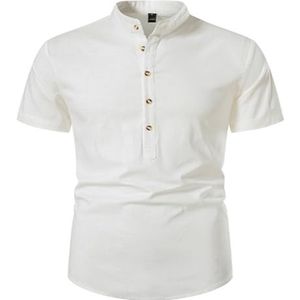 Zomer-linnen-katoenen Overhemd For Heren, Casual Strandoverhemd Met Korte Mouwen En Knopen(Color:Blanc,Size:XL)