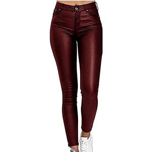 XUEBIN Dames kunstleer slim fit hoge taille casual broek skinny yoga broek kunstleer legging, Rode Wijn, M