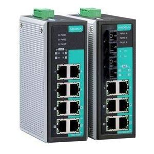 Unmanaged Ethernet switch with 3 10/100BaseT(X) ports, 4 PoE ports, and 1 100BaseFX single-mode port with SC connector, 0 to 60°C operating temperature