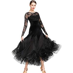 Yhsgscr Fluwelen ballroom dansoutfit voor dames Foxtrot feestjurk met kant Moderne dansrok met lange mouwen en grote swing Banketkostuums,zwart,L