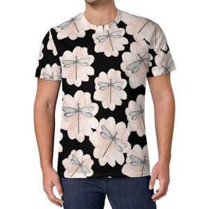 Dragonfly roze bloem heren T-shirt met korte mouwen casual ronde hals T-shirt mode zomer tops