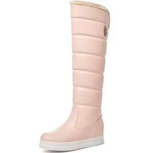 Dames Kniehoge Laarzen 2023 Nieuwe Lange Schachtlaarzen Met Gesp Warm Gevoerde Snowboots Platform PU-leer Ridderlaarzen Herfst Winter Katoenen Schoenen for Buiten (Color : Pink, Size : 42 EU)