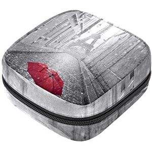 Maandverband Opbergtas Menstruatie Cup Pouch Meisjes Reizen Grote Capaciteit Make-up Maandverband Organizer, Parijs Eiffeltoren Rode Paraplu