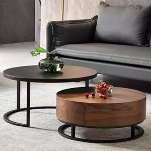 FXLUHAY 27,5 IN Ronde nesttafel set van 2, met opbergladen, massief houten salontafel voor woonkamer, overvloedige opslagruimte, combinatie van hoog en laag (bruin + zwart)
